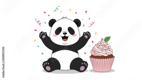 Obraz Adorable cartoon panda sitting with its paws raised in celebration next to a large pink cupcake with sprinkles and colorful confetti in the air.