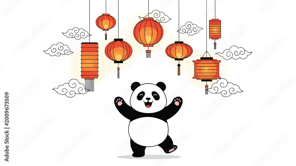 Fototapeta premium Happy cartoon panda dancing joyfully under several traditional red and orange chinese lanterns with clouds on background.