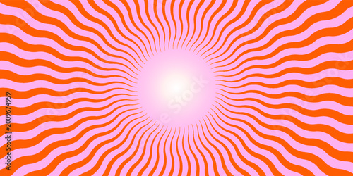Optical illusion background. Red and pink abstract distorted wavy lines surface. Radial waves poster design. Trippy sunburst illusion wallpaper. Vector spinning hypnotic illustration