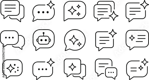 Set of black and white chat bubble icons with sparkles and robot