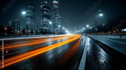 Urban night traffic light trails streak along a wet asphalt road leading to modern skyscrapers under a dark winter sky in the city center 4K Video Resolution