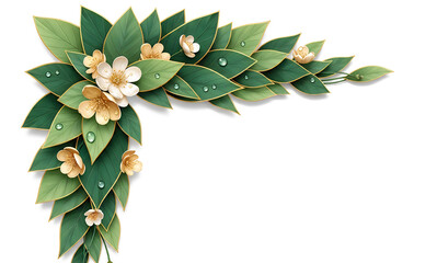 Decorative botanical corner frame featuring elegant green leaves and delicate cream flowers isolated on a clean white background design