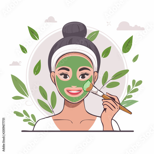Woman Applying Green Face Mask with Brush