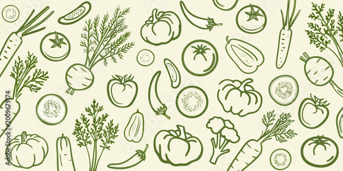 Botanical line art pattern of tomatoes cucumbers carrots and herbs on a cream background