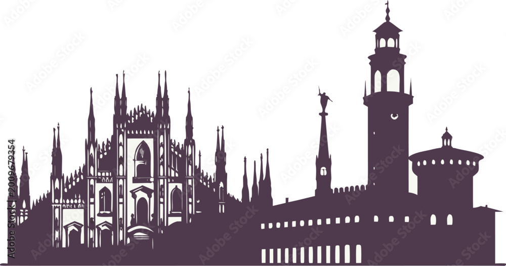 Obraz premium Milan Skyline Silhouette | Duomo Cathedral Vector Wall Art Print