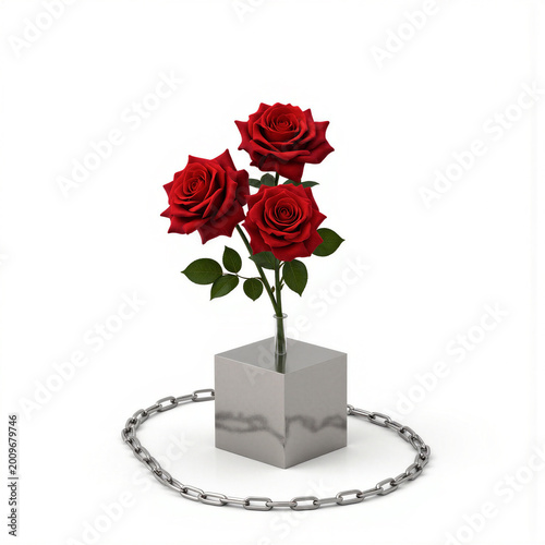 Fotografie Blockchain Roses Block Three secure blooms in a blockchain cube vase with roses