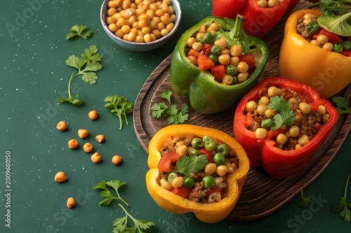 stuffed bell peppers with chickpeas and peas on green background 