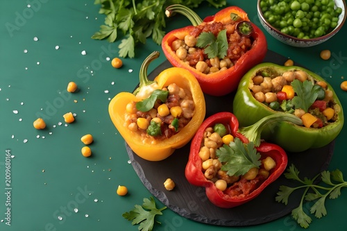 stuffed bell peppers with chickpeas and peas on green background 