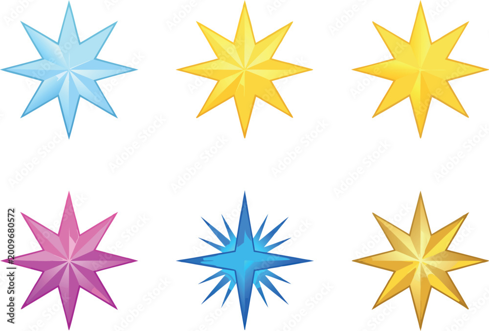 Obraz premium Collection of six vibrant glossy eight pointed stars in various colors including yellow blue and pink for festive decoration