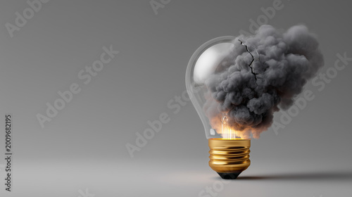 Broken light bulb with smoke and sparks representing failures and creative ideas lost in the process of innovation and discovery