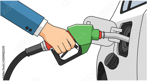 Refueling the Journey: A hand grips a fuel nozzle, filling the vehicle's tank, highlighting the act of providing fuel for transport and the journey ahead. 