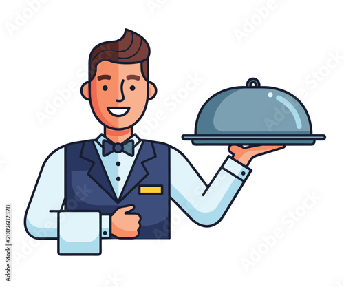 Service with a Smile: A charming waiter, impeccably dressed in a smart uniform, presents a covered dish with a courteous smile, embodying the art of hospitality.