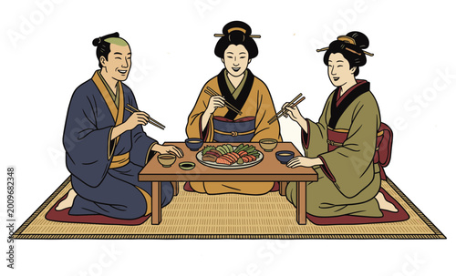 Japanese Tradition Feast: Three individuals dressed in traditional kimonos share a meal at a low table, enjoying a feast in an authentic cultural setting.