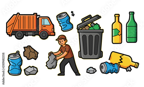 Waste Management: Illustration depicts a worker diligently collecting litter and the process of waste disposal, highlighting environmental care and urban cleanup.