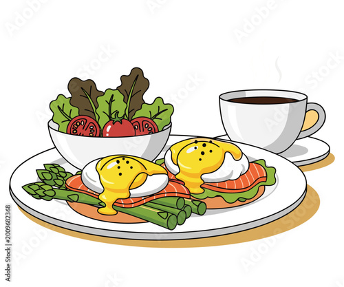 Breakfast Delight: A mouthwatering plate of eggs benedict, complete with perfectly poached eggs and rich hollandaise, served alongside a fresh salad and a steaming cup of coffee.