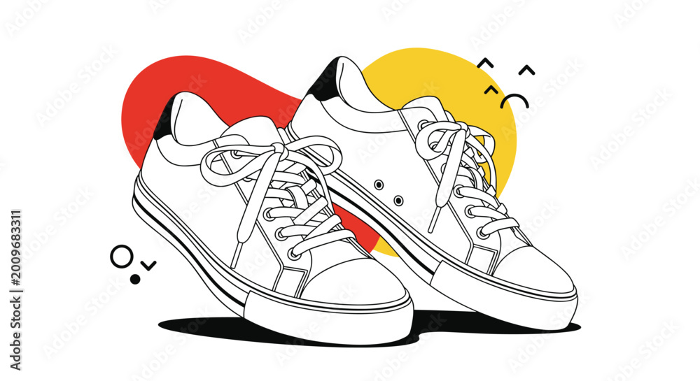 Fototapeta premium Pair of classic white sneakers with black accents shown in a dynamic pose against abstract red and yellow shapes for fashion and footwear.