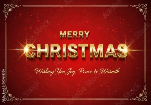 Festive holiday greeting card featuring golden text on a textured red background with decorative borders.