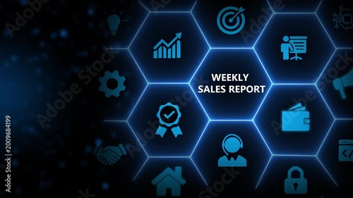Weekly sales report concept. Data analytics for driving agile decision making, improving process, adjusting the sales strategy. Sales volume, leads, new accounts, revenue. Sales performance indicator.