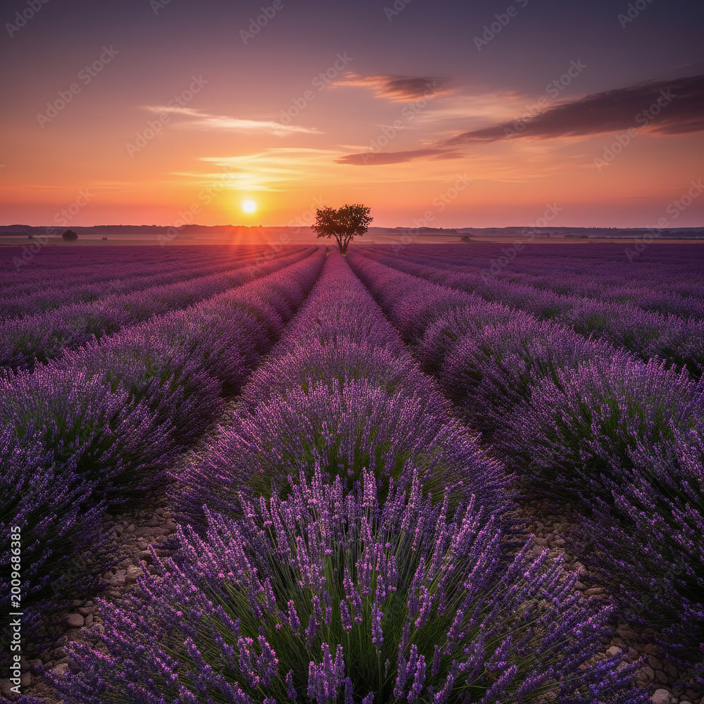 Obraz premium Beautiful sunset over a field of lavender flowers with purple rows stretching to the horizon