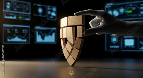 Hand building wooden shield with digital data screens in background representing cybersecurity