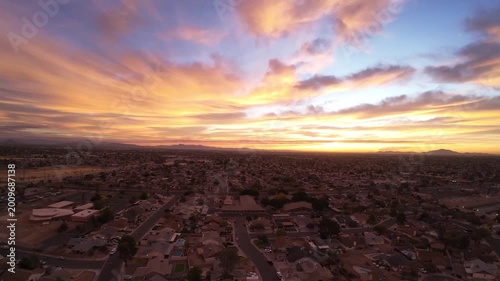 Sunset Aerial View Over Suburban Neighborhood