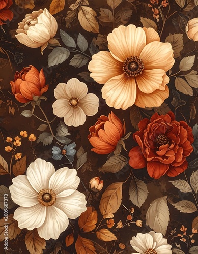 Vibrant flowers and leaves arrangement.