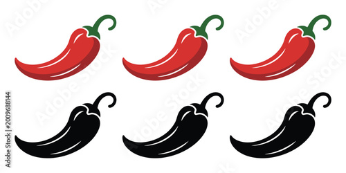 Fotografie Hot chili pepper icons in red and black silhouette styles for spicy food branding