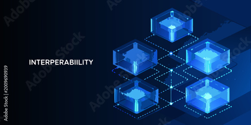Photos Interconnected three dimensional cubes with glowing lines on a dark blue backgro