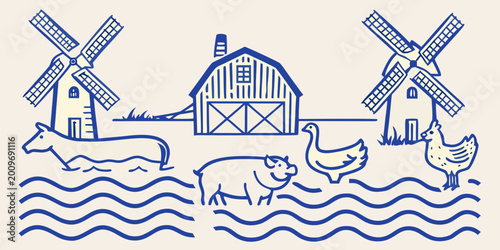 Canvastavla Line drawing of a dutch windmill american barn farm animals and wavy landscape h