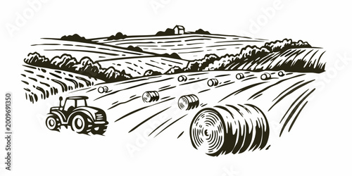 Foto Rural landscape with tractor and hay bales monochrome line art illustration on w