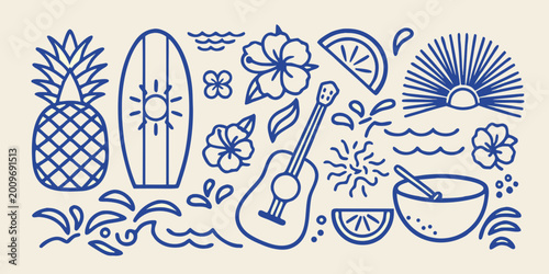 Tropical summer illustration with pineapple surfboard hibiscus flowers and ukulele on a beige background