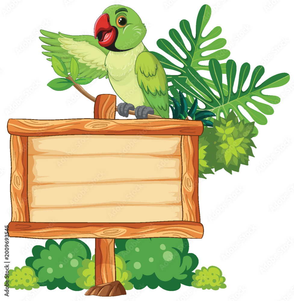 Fototapeta premium Green Parrot Perched on Wooden Sign in Jungle Foliage