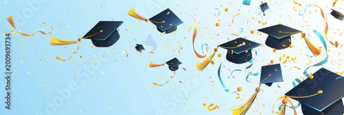 Graduation mortarboard celebration with flying gold confetti on light blue sky background for banner and poster design. Horizontal banner. Copy space. Flat illustration