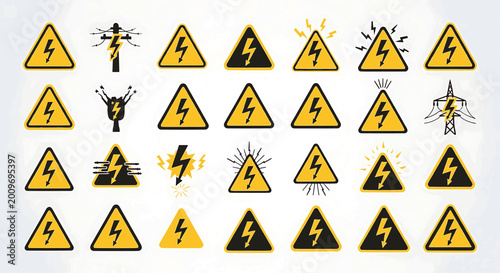 Fotografie High Voltage Warning Signs and Lightning Bolt Icon Set
