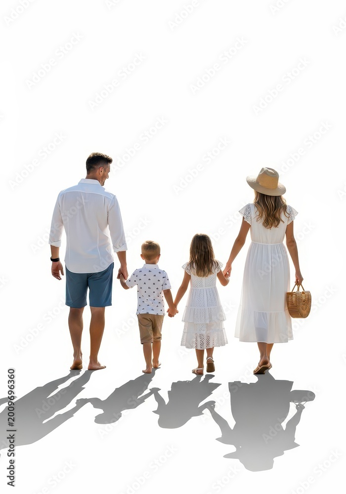 Naklejka premium Young family walks hand in hand together against a white background.