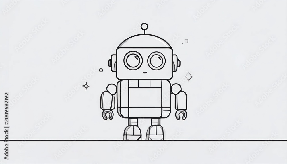 Naklejka premium Cute friendly monochrome line art robot illustration standing on a white background with sparkling elements representing technology and AI