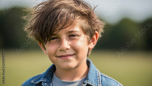 Young Boy's Portrait: A charming young boy with tousled hair and a gentle smile looks directly at the camera, set against a soft, blurred background of a field.