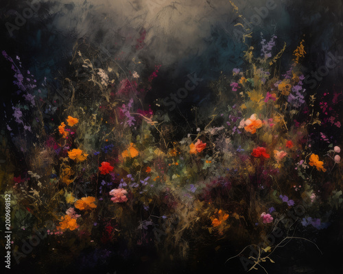 Colorful Wildflowers on a Black Background. Beautiful Abstract Floral Background, oil painting. 	