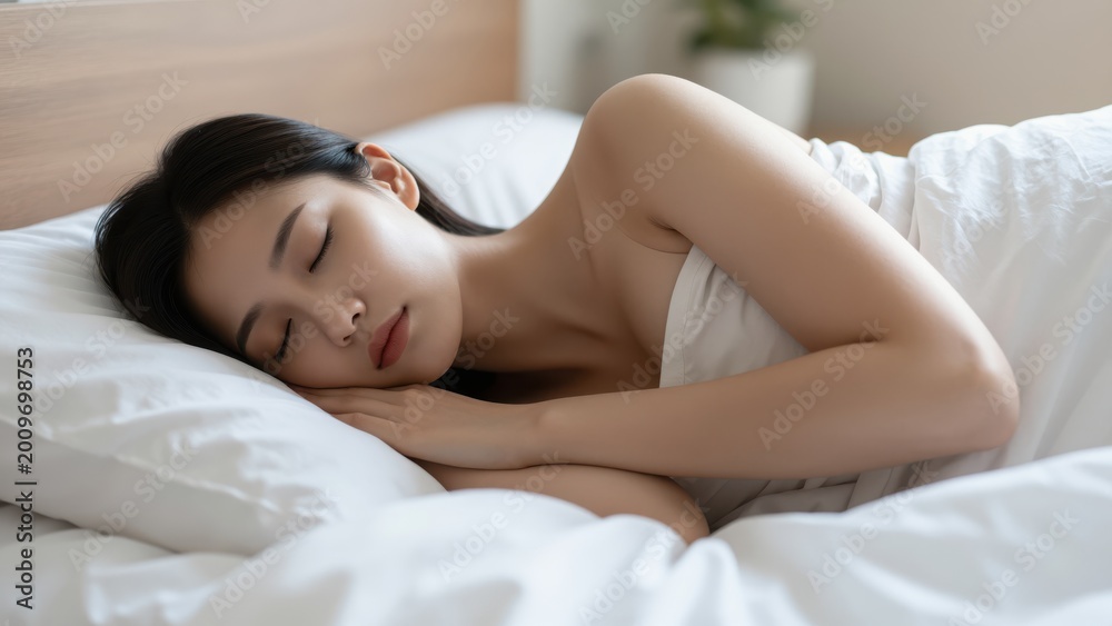 Obraz premium Tranquil Slumber: A young woman peacefully sleeps on a white bed, enveloped in soft, clean sheets. Her serene expression suggests deep rest and relaxation, embodying the essence of a quiet moment.
