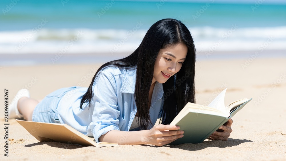 Fototapeta premium Reading Tranquility: A woman engrossed in a book lies comfortably on the sandy beach, with the serene ocean stretching out as a backdrop, capturing moments of relaxation and immersion.