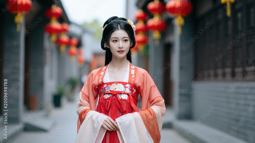 Obraz premium Elegant Woman in Traditional Attire: A beautiful young woman with long dark hair, adorned in a vibrant traditional orange and red Hanfu dress, walks through a historic street lined with red lanterns.