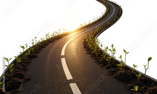 A glowing road that folds like ribbon through barren land and sprouts green seedlings where it touches soil, aerial diagonal