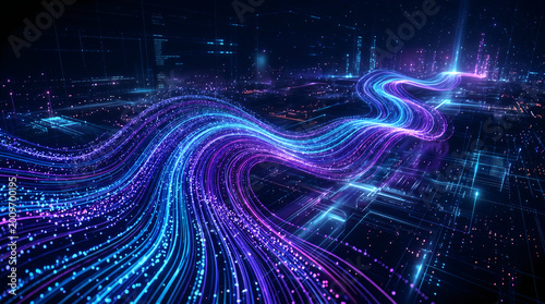Abstract digital data stream, flowing light particles and fiber optic cables, futuristic technology background representing highspeed internet, information transfer, and cyberspace connectivity