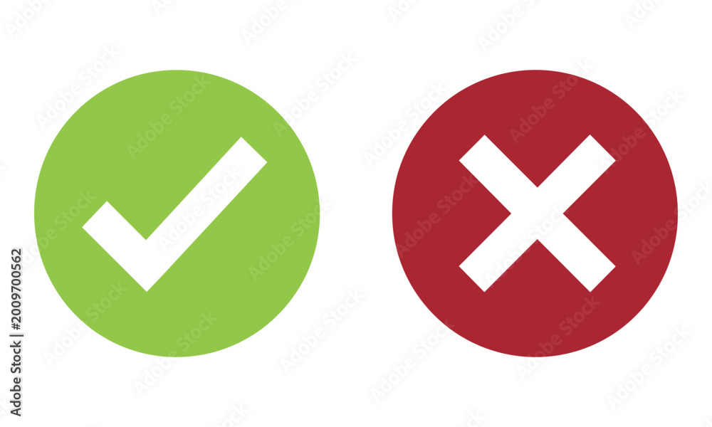 Obraz premium Two circular buttons with a check mark and a cross mark isolated on white for feedback and decision making concepts