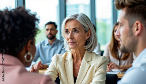 A candid photograph of a female corporate leader with grey hair actively listening during a team discussion. Diverse colleagues in the blurry background. Inclusive atmosphere.