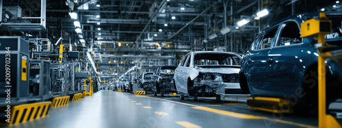 Automated vehicle assembly line inside a modern brightly lit industrial factory manufacturing car frames along conveyor belts