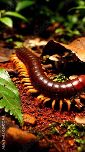 A segmented arthropod crawls across the forest floor with moss and fungi