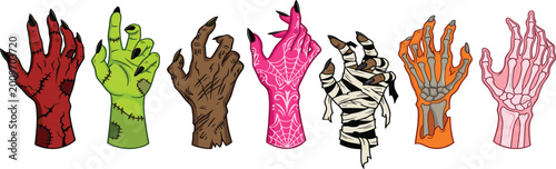 Canvastavla Collection of Halloween Themed Hands with Creepy and Spooky Designs like Skeleton, Mummy, and Frankenstein