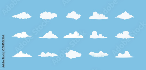Set of white cloud icons on a blue background. Various white cloud shapes, cloud patterns, and cloud designs. Perfect for weather, sky, and nature themes. Weather illustration