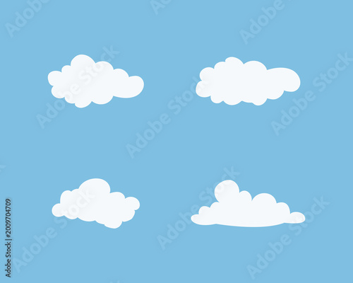 Set of white cloud icons on a blue background. Various white cloud shapes, cloud patterns, and cloud designs. Perfect for weather, sky, and nature themes. Weather illustration